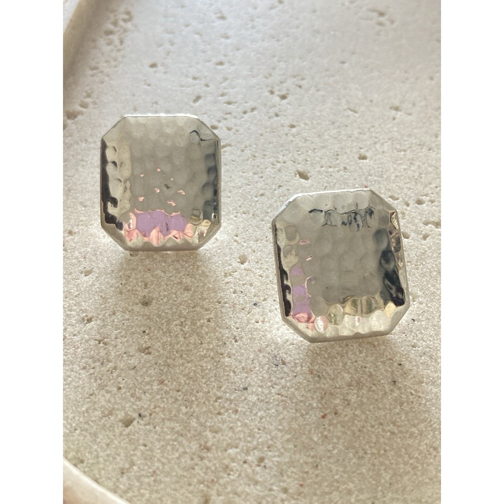 Brutalist Hammered Earrings Structural Silver‎ Tone Rectangle Stud Modernist